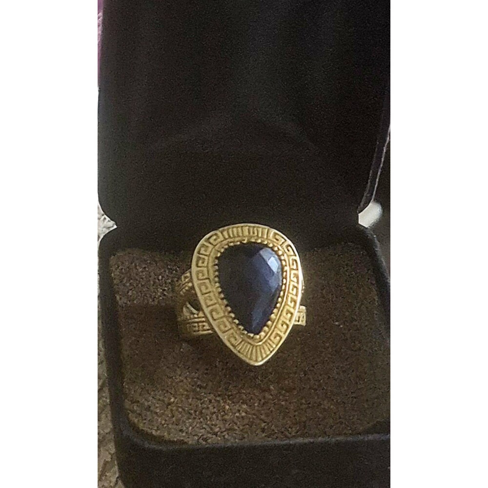 Vintage Gold Tone Greek Key Teardrop Split Shank Cocktail Ring Statement